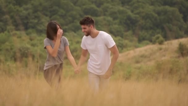 Feliz joven pareja enamorada caminando por el campo de hierba — Vídeos de Stock