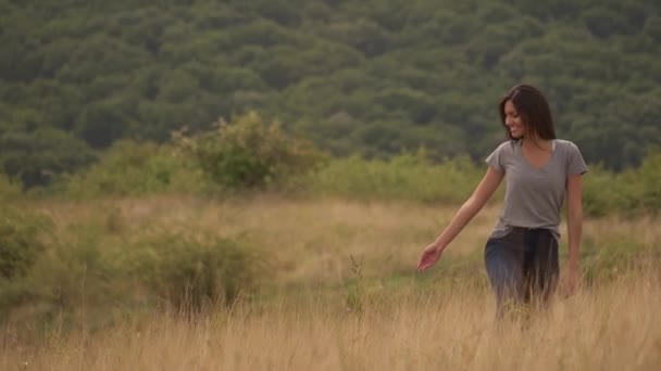 Mujer joven y bonita caminando en el campo de hierba alta — Vídeos de Stock