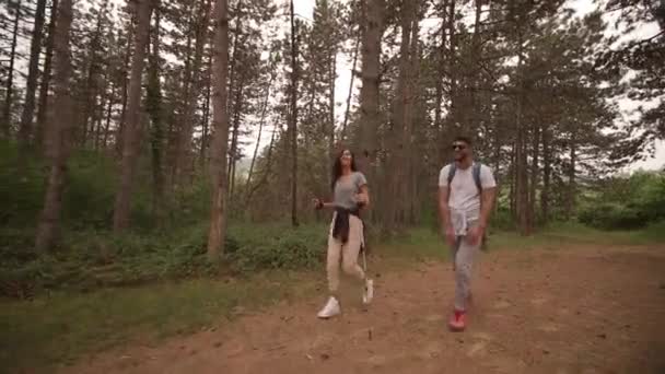 Sonriente pareja joven caminando con mochilas en el sendero del bosque — Vídeo de stock