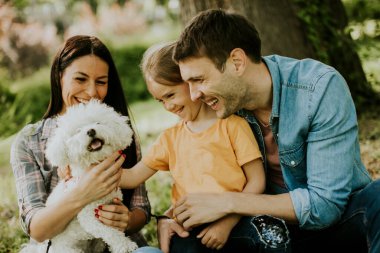 Parkta şirin bir bizon köpeği olan mutlu genç bir aile.