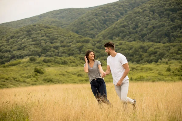 Glückliches Junges Verliebtes Paar Spaziert Einem Sommertag Über Die Wiese — Stockfoto