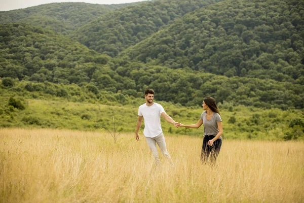 Feliz Jovem Casal Apaixonado Andando Através Campo Grama Dia Verão — Fotografia de Stock