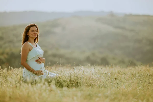 若いです妊娠中の女性で白いドレスで夏のフィールド — ストック写真