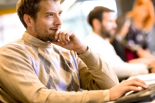 Handsome Young Professional Businessman Uses Computer Work Modern Office — Stock Photo, Image