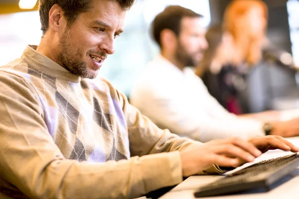 Handsome Young Professional Businessman Uses Computer Work Modern Office — Stock Photo, Image