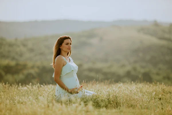 Mujer Embarazada Joven Vestido Blanco Campo Verano — Foto de Stock