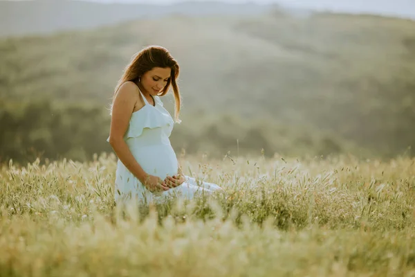 Jovem Mulher Grávida Vestido Branco Campo Verão — Fotografia de Stock