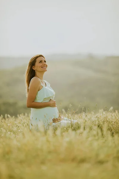 Jovem Mulher Grávida Vestido Branco Campo Verão — Fotografia de Stock