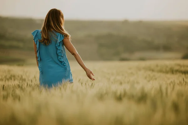 Junge Schwangere Frau Blauem Kleid Spaziert Sommerfeld — Stockfoto