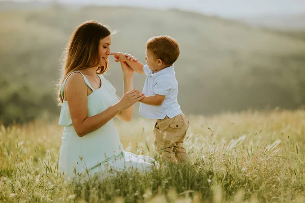 若いです妊娠中のお母さんとともに彼女の可愛いです男の子でフィールドで美しい夏の日 — ストック写真