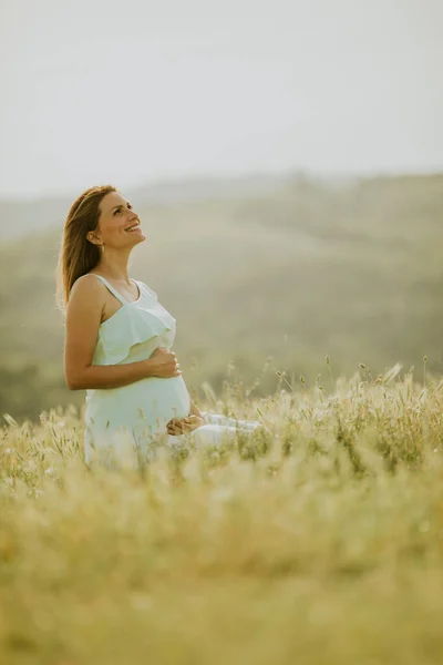 Jeune Femme Enceinte Robe Blanche Dans Champ Été — Photo