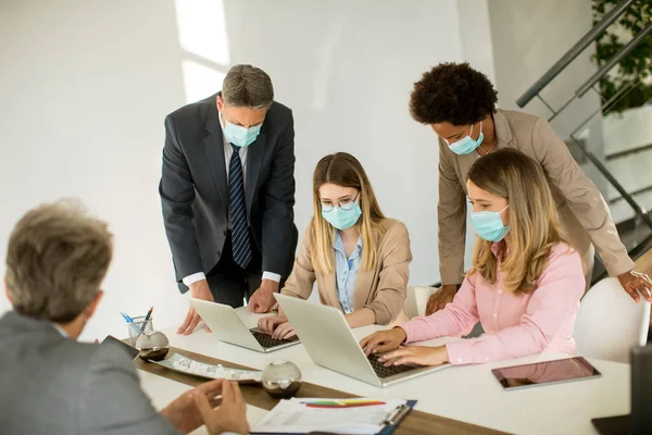 Group Business People Have Meeting Working Office Wear Masks Protection — Stock Photo, Image