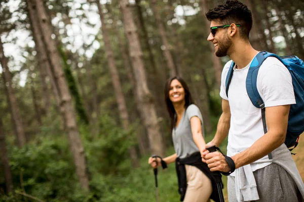 Lachend Jong Stel Wandelend Met Rugzakken Het Bos Een Zomerse — Stockfoto