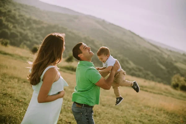 Genç Bir Aile Yaz Tarlasında Eğleniyor — Stok fotoğraf