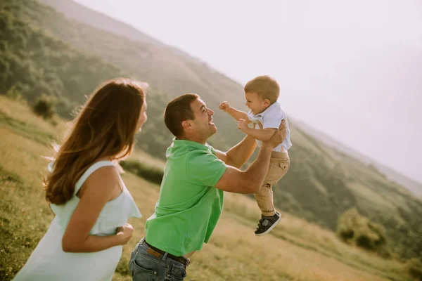 Genç Bir Aile Yaz Tarlasında Eğleniyor — Stok fotoğraf