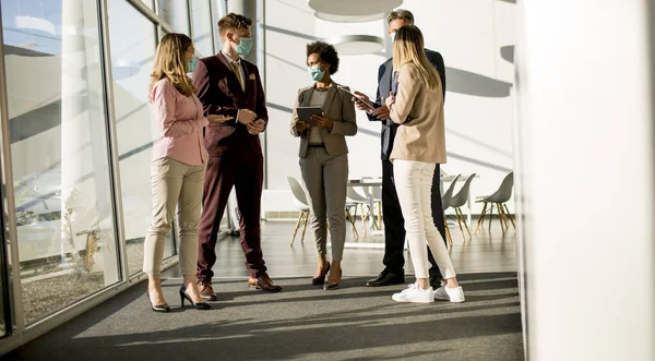 Group Business People Meeting Working Office Wear Mask Protect Prevent — Stock Photo, Image