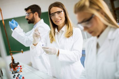 Laboratuvarda kimyasal verileri analiz eden genç araştırmacılar.
