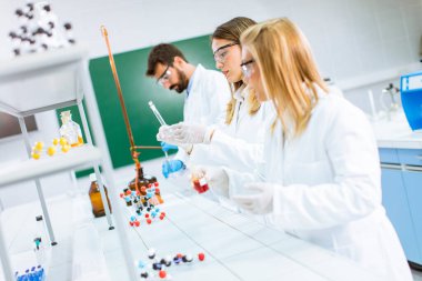 Laboratuvarda kimyasal verileri analiz eden genç araştırmacılar.