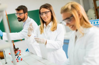 Laboratuvarda kimyasal verileri analiz eden genç araştırmacılar.