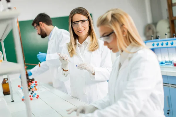 Jonge Onderzoekers Die Chemische Gegevens Het Laboratorium Analyseren — Stockfoto