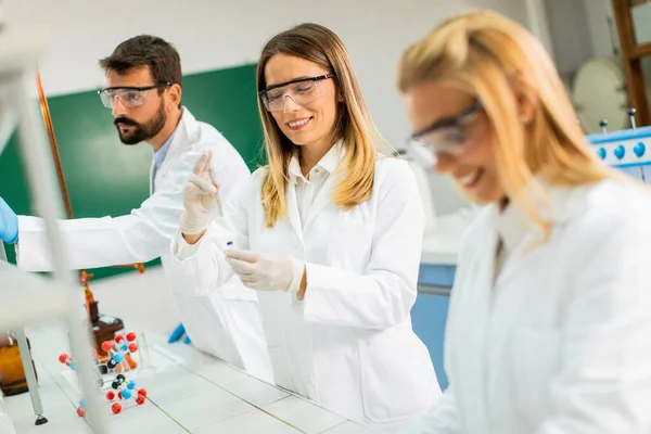 Jonge Onderzoekers Die Chemische Gegevens Het Laboratorium Analyseren — Stockfoto