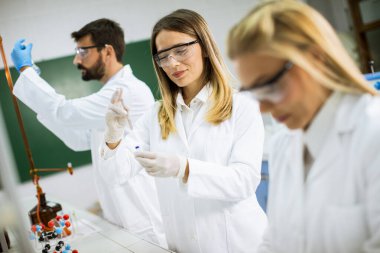 Laboratuvarda kimyasal verileri analiz eden genç araştırmacılar.