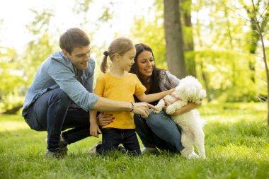 Güzel, mutlu bir aile parkta bizon köpeğiyle eğleniyor.