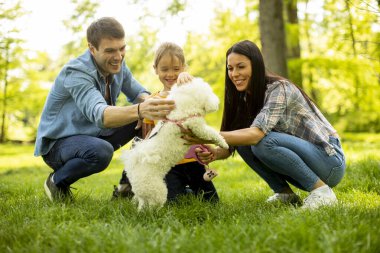 Güzel, mutlu bir aile parkta bizon köpeğiyle eğleniyor.