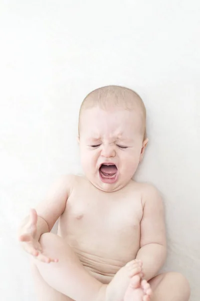 Cute Baby Girl Crying Bed — Stock Photo, Image