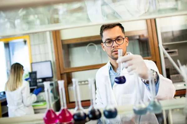 Jonge Onderzoeker Controleert Reageerbuizen Het Laboratorium — Stockfoto