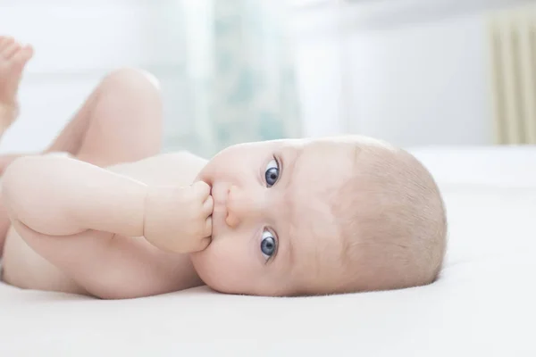 Cute Little Baby Girl Lying Hand Mouth — Stock Photo, Image