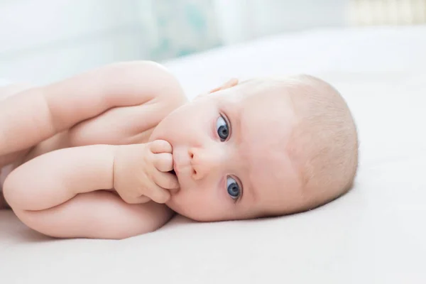 Cute Little Baby Girl Lying Hand Mouth — Stock Photo, Image