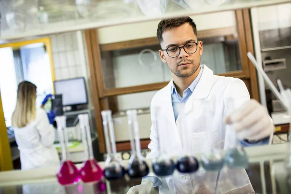 Jonge Onderzoeker Controleert Reageerbuizen Het Laboratorium — Stockfoto