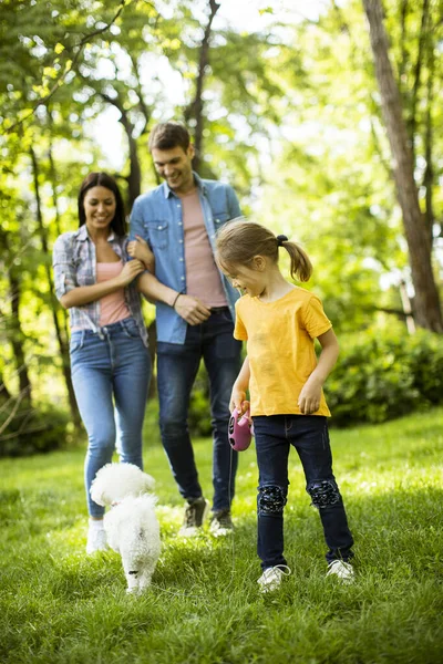 Feliz Familia Joven Con Lindo Perro Bichon Parque — Foto de Stock