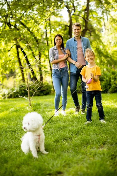 Feliz Familia Joven Con Lindo Perro Bichon Parque — Foto de Stock