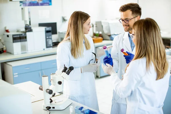 Jonge Onderzoekers Die Chemische Gegevens Het Laboratorium Analyseren — Stockfoto