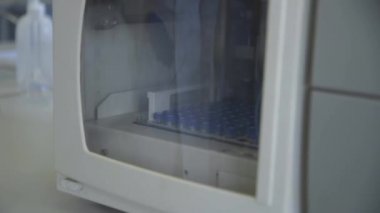 Laboratuvarda test tüpünü tutan koruyucu eldiveni ver.