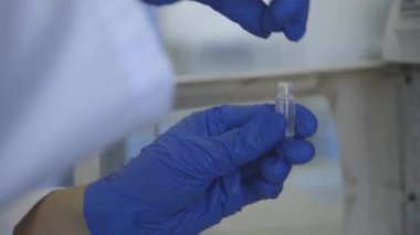 Laboratuvarda test tüpünü tutan koruyucu eldiveni ver.