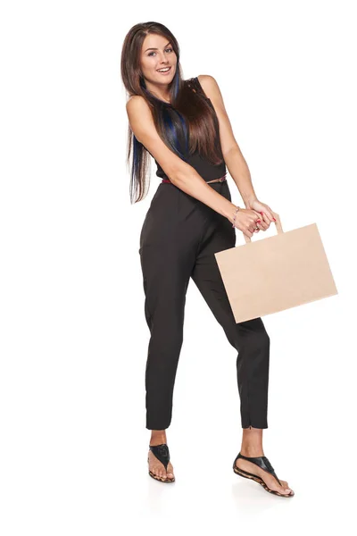 Full length woman holding carton brown shopping bag — Stock Photo, Image