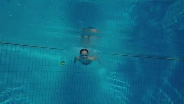 少女のスイミング プールでジャンプの水中ビデオ — ストック動画