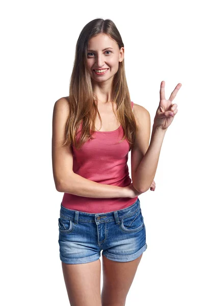 Contagem de mãos - dois dedos. Mulher sorridente mostrando dois dedos, sinal V — Fotografia de Stock