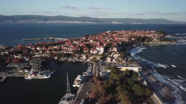 Luchtfoto Van Het Oude Nessebar Oude Stad Aan Zwarte Zee — Stockvideo