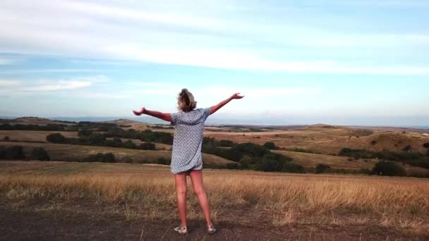 Aerial View Woman Enjoying Freedom Hands Raised Country Road Dry — Stock Video