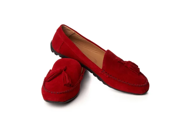 Red suede woman's moccasins shoes isolated on white — Stock Photo, Image
