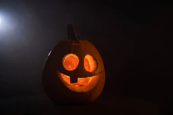 Kind smiling Halloween Pumpkin in dark with white backlight — Stock Photo, Image