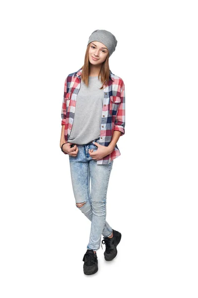 Smiling relaxed teen girl standing in full length — Stock Photo, Image