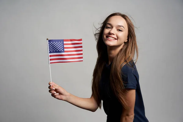 Happy Female Holding United States Flag Fluttering Wind Grey Background — Stock Photo, Image