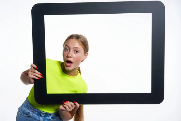 Teen Girl Peeking Digital Tablet Frame — Stock Photo, Image