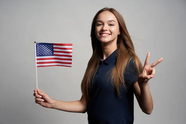 Proud Female Holding United States America Flag Waving Wind Showing — Stock Photo, Image