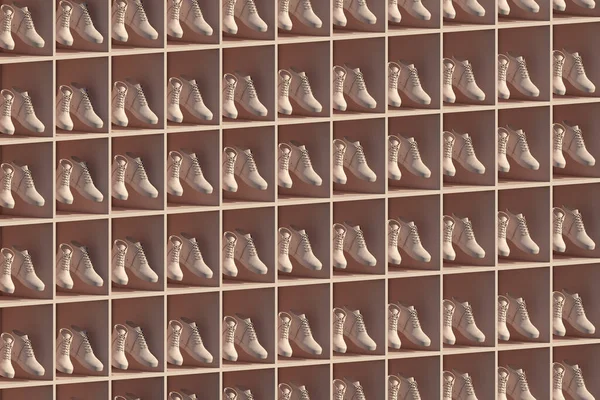Rendering 3D di uno scaffale pieno di scarpe levitanti nelle celle — Foto Stock